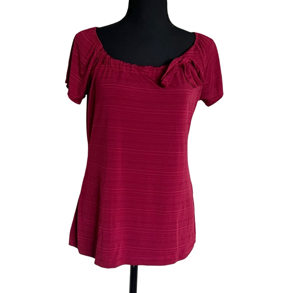 Liz McCoy Burgundy Ruched Bow Neck Short Sleeve Blouse Top Medium